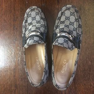 Ladies Leather and fabric Gucci “G” loafers
